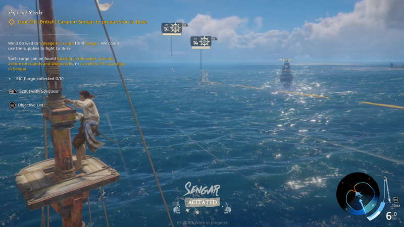 Shifting the view up to the crow’s nest helped me scout for more ships and decide who to attack or avoid. The demo also offered some PvE-related quests, as indicated by the tips in the top left corner.